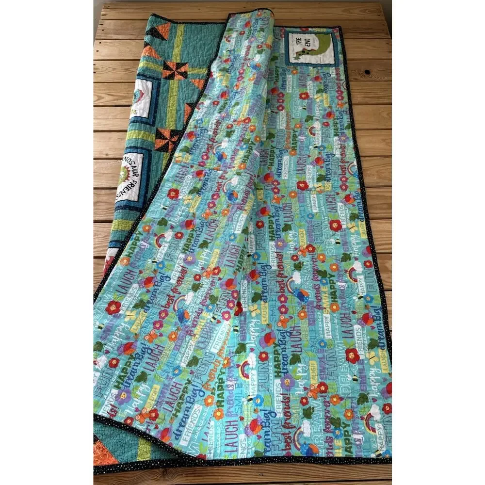 Handmade Patchwork Dinosaur quilt size 51x50 Green orange L2